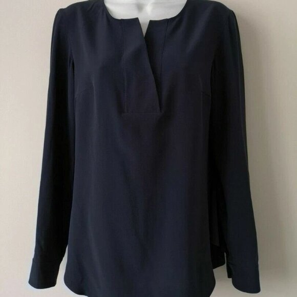 New AKRIS Punto Silk Denim Blue V Neck Ruffle Sleeve Top Blouse 4 - Picture 4 of 9